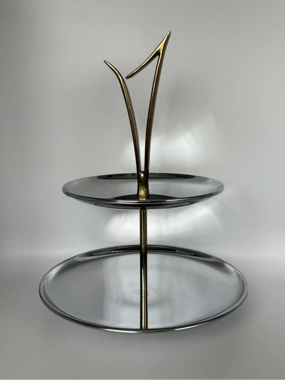Vintage Kromex 2-Tier Tidbit Serving Tray Chrome Metal Atomic Handle MCM Retro